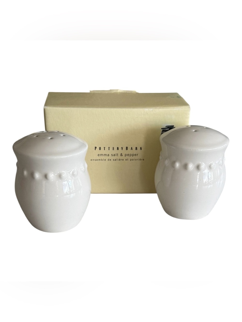 Pottery Barn Emma Off White Salt & Pepper Shakers Set Beaded Edge 3" Ceramic NEW